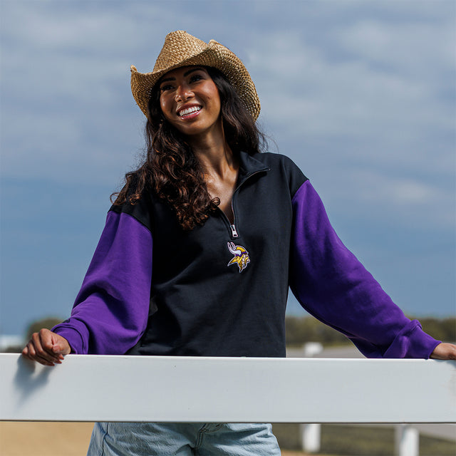 Model wearing the Two-Tone 1/4 Zip Pullover in black and purple, close front view