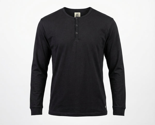 Black long-sleeve henley shirt on a white background