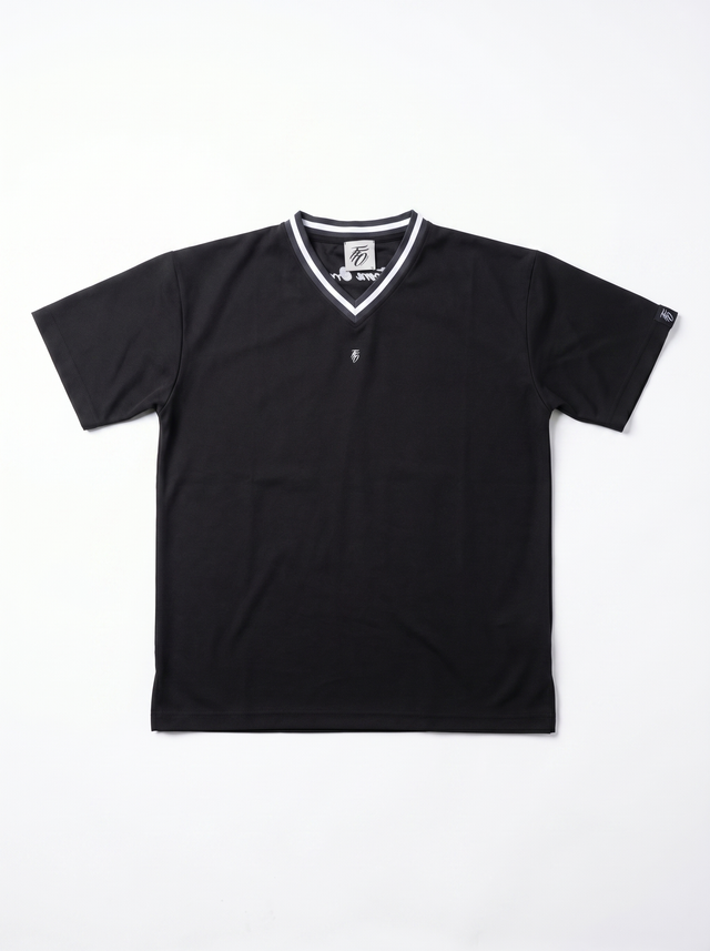 Black short-sleeve shirt with white trim on a white background