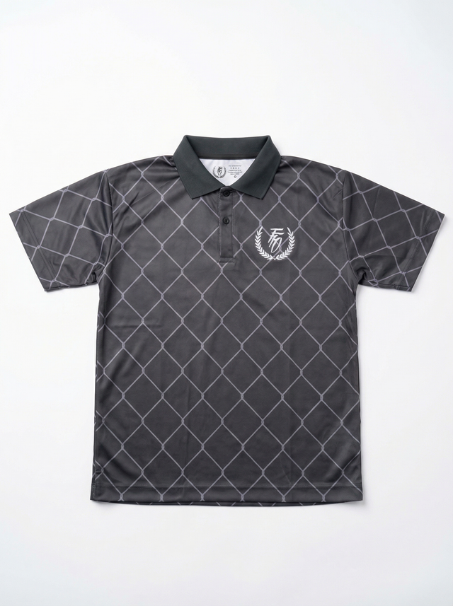 Black/grey polo shirt with a white logo on a white background