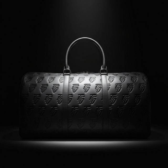 Black textured handbag on a black background