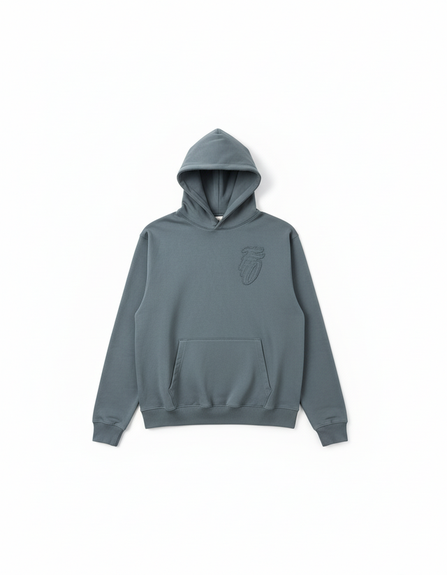 Gray hoodie with a small logo on a white background