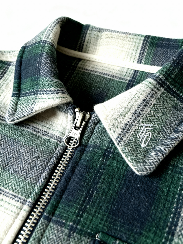 Close-up of a green plaid jacket with a zipper and visible brand logo.