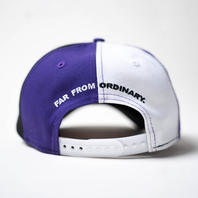 Colour Block New Era Snapback in purple and white, back view with Far From Ordinary embroidery